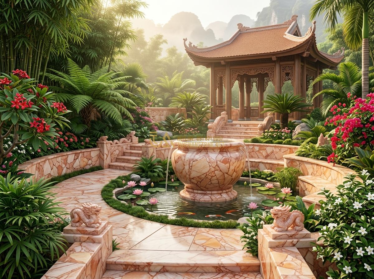 Ang Nước Phong Thủy Đặt Hướng Nào Để Thu Hút Tài Lộc Và May Mắn Tối Đa? - Hình 16 Ang Nước Phong Thủy Đặt Hướng Nào Để Thu Hút Tài Lộc Và May Mắn Tối Đa? - Holistic garden design featuring ang nuoc combined with multiple Feng Shui eleme