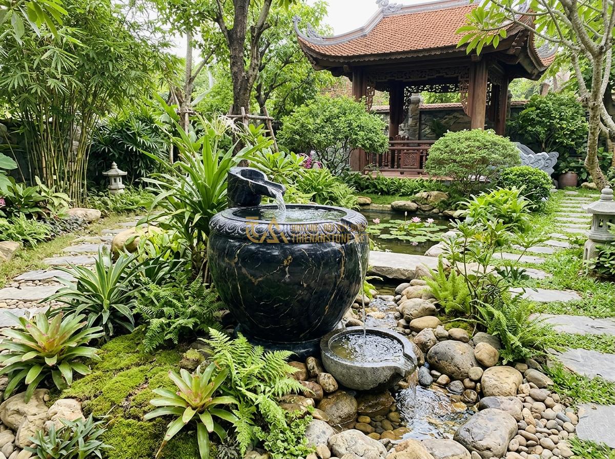 Ang Nước Phong Thủy Hợp Mệnh Gia Chủ: Bí Quyết Chọn Đá Tăng Vượng Khí - Hình 1 Ang Nước Phong Thủy Hợp Mệnh Gia Chủ: Bí Quyết Chọn Đá Tăng Vượng Khí - Elegant natural stone water urn in a traditional Vietnamese garden with gentle f