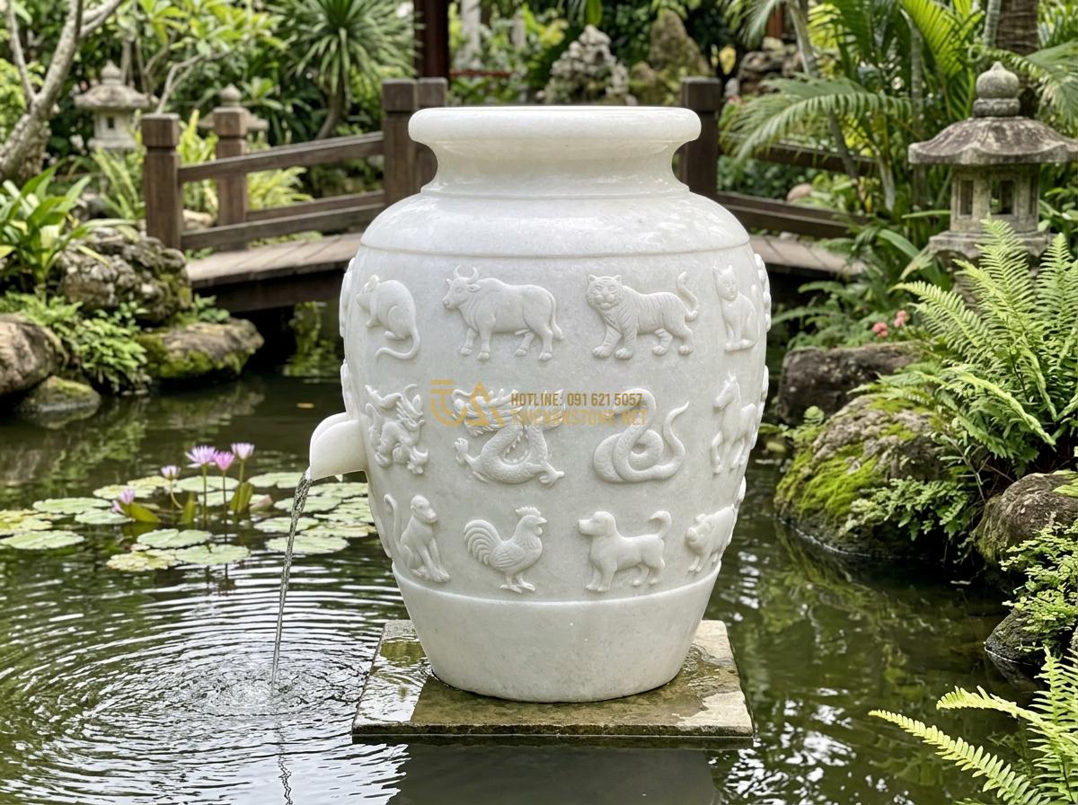Ang Nước Phong Thủy Hợp Mệnh Gia Chủ: Bí Quyết Chọn Đá Tăng Vượng Khí - Hình 10 Ang Nước Phong Thủy Hợp Mệnh Gia Chủ: Bí Quyết Chọn Đá Tăng Vượng Khí - Custom carved stone water urn featuring zodiac animal motifs, positioned in a se
