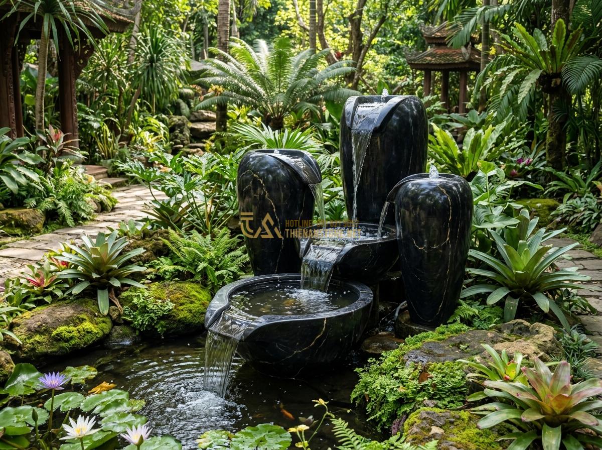 Ang Nước Phong Thủy Hợp Mệnh Gia Chủ: Bí Quyết Chọn Đá Tăng Vượng Khí - Hình 15 Ang Nước Phong Thủy Hợp Mệnh Gia Chủ: Bí Quyết Chọn Đá Tăng Vượng Khí - Artistic modern stone water urn designs with cascading waterfalls in a tropical