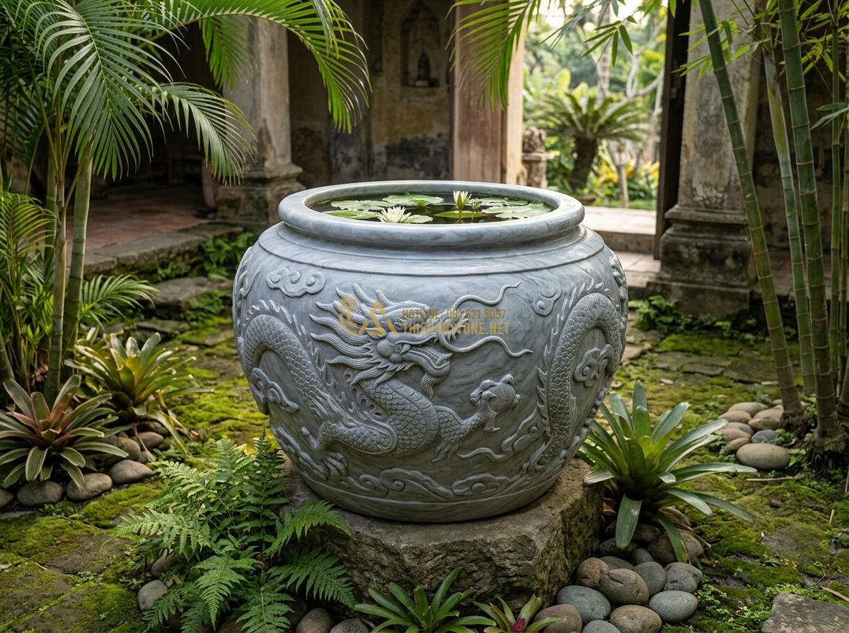 Ang Nước Phong Thủy Hợp Mệnh Gia Chủ: Bí Quyết Chọn Đá Tăng Vượng Khí - Hình 16 Ang Nước Phong Thủy Hợp Mệnh Gia Chủ: Bí Quyết Chọn Đá Tăng Vượng Khí - Traditional Vietnamese style carved stone water jar with dragon motifs for garde