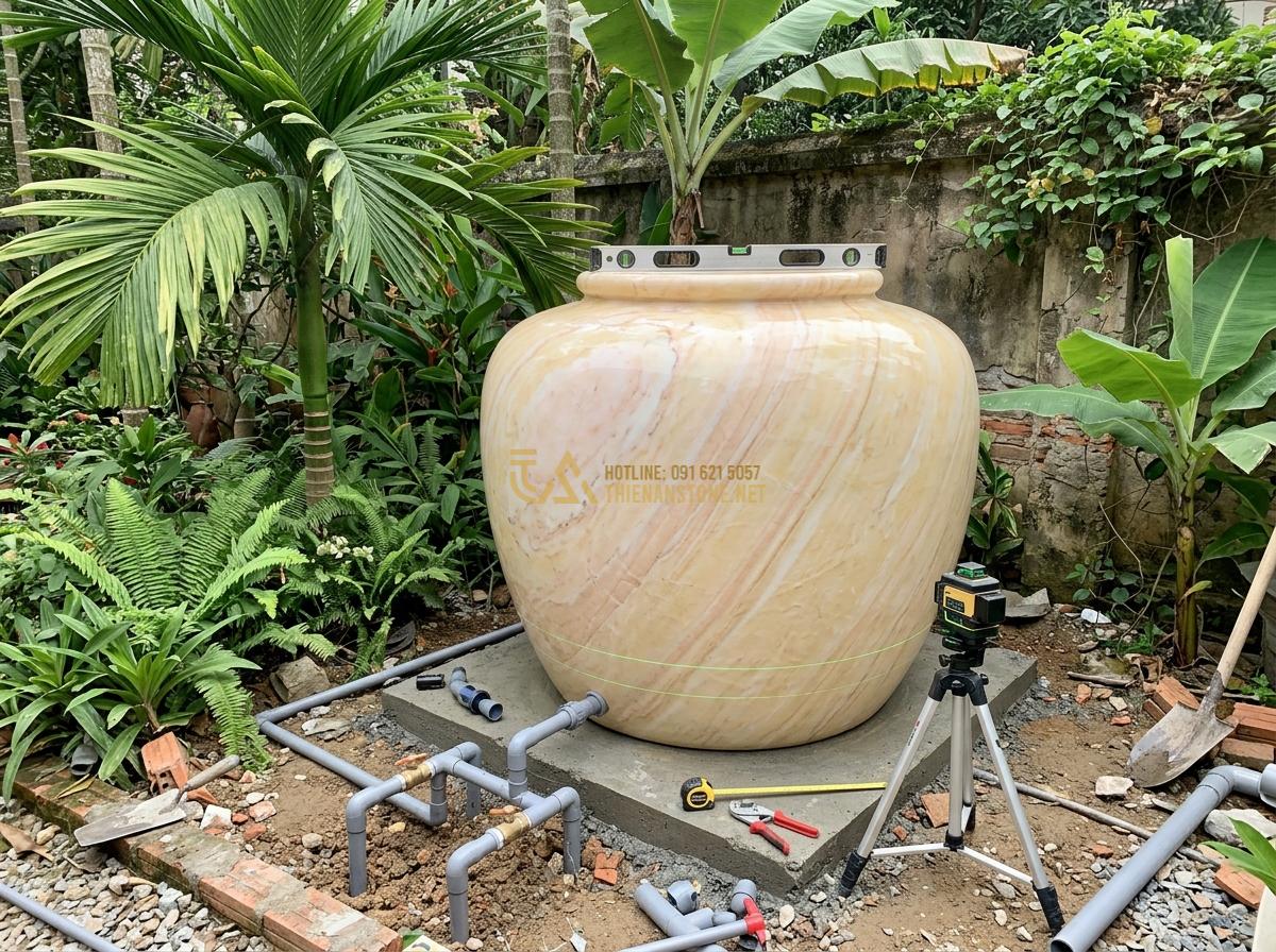Ang Nước Phong Thủy Hợp Mệnh Gia Chủ: Bí Quyết Chọn Đá Tăng Vượng Khí - Hình 19 Ang Nước Phong Thủy Hợp Mệnh Gia Chủ: Bí Quyết Chọn Đá Tăng Vượng Khí - Professional installation process of a large stone water jar in a residential ga