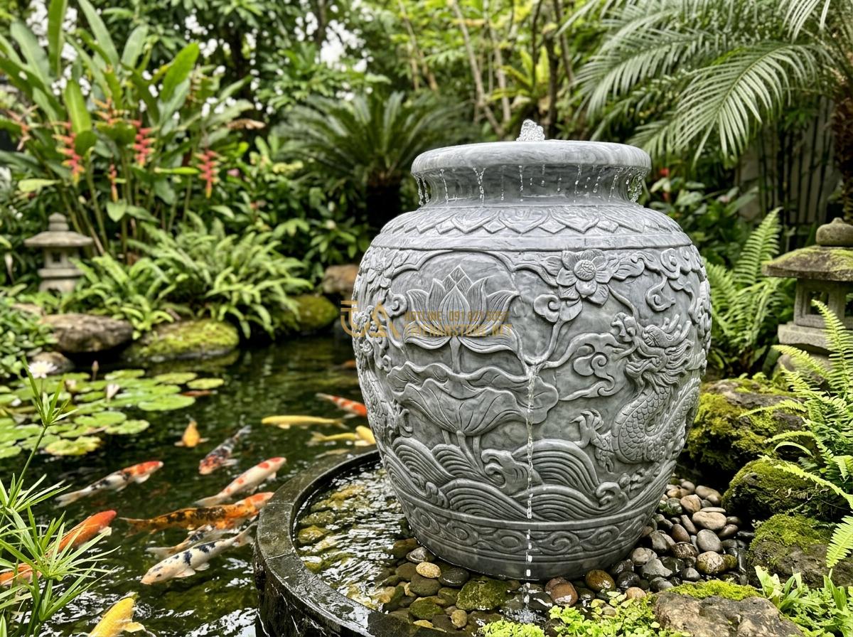 Ang Nước Phong Thủy Hợp Mệnh Gia Chủ: Bí Quyết Chọn Đá Tăng Vượng Khí - Hình 2 Ang Nước Phong Thủy Hợp Mệnh Gia Chủ: Bí Quyết Chọn Đá Tăng Vượng Khí - Close-up view of intricately carved stone water feature jar with crystal clear w
