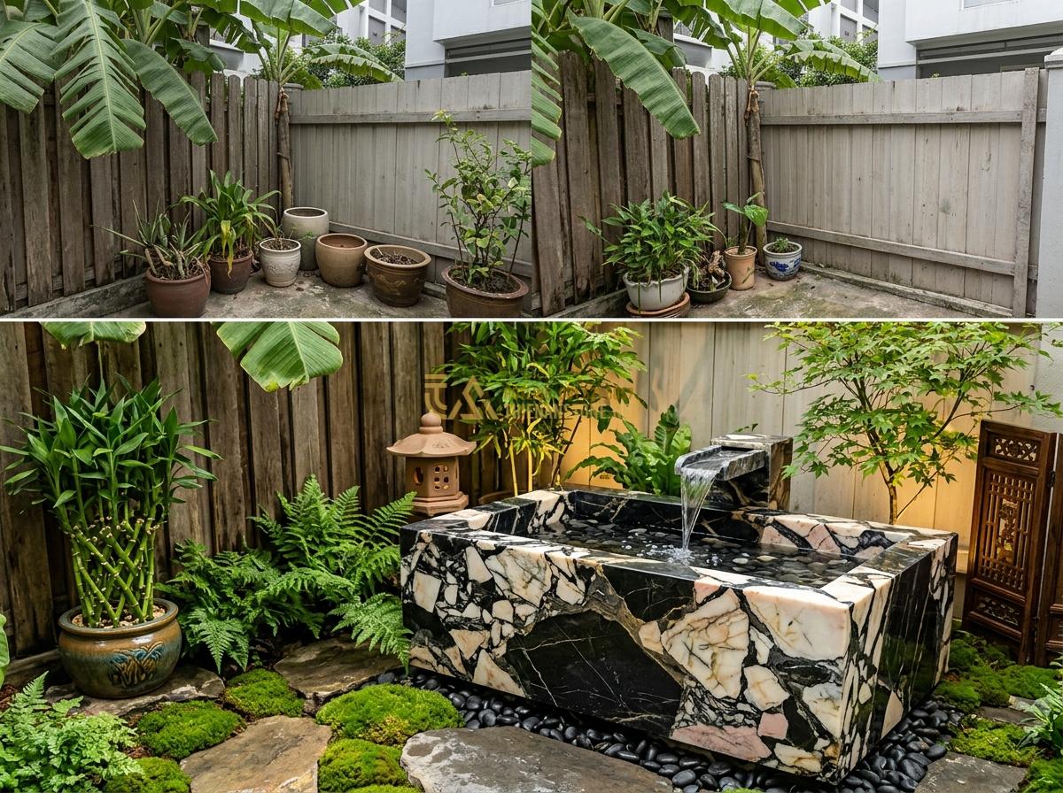 Ang Nước Phong Thủy Hợp Mệnh Gia Chủ: Bí Quyết Chọn Đá Tăng Vượng Khí - Hình 21 Ang Nước Phong Thủy Hợp Mệnh Gia Chủ: Bí Quyết Chọn Đá Tăng Vượng Khí - Before and after comparison of a home garden transformed with a feng shui stone