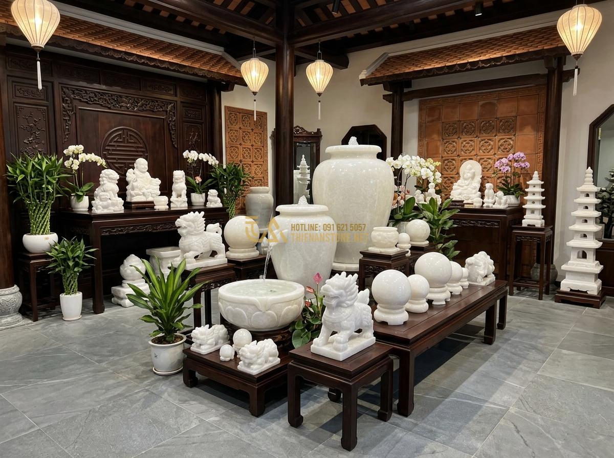 Ang Nước Phong Thủy Hợp Mệnh Gia Chủ: Bí Quyết Chọn Đá Tăng Vượng Khí - Hình 24 Ang Nước Phong Thủy Hợp Mệnh Gia Chủ: Bí Quyết Chọn Đá Tăng Vượng Khí - Company showroom display of various high-end stone water urns and feng shui prod