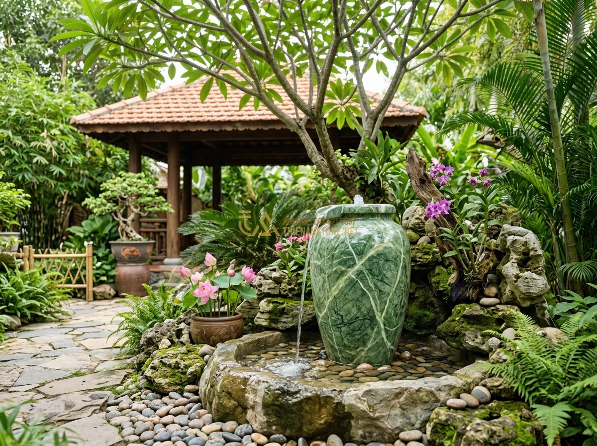 Ang Nước Phong Thủy Hợp Mệnh Gia Chủ: Bí Quyết Chọn Đá Tăng Vượng Khí - Hình 3 Ang Nước Phong Thủy Hợp Mệnh Gia Chủ: Bí Quyết Chọn Đá Tăng Vượng Khí - Serene stone water jar with flowing fountain in a feng shui backyard, featuring