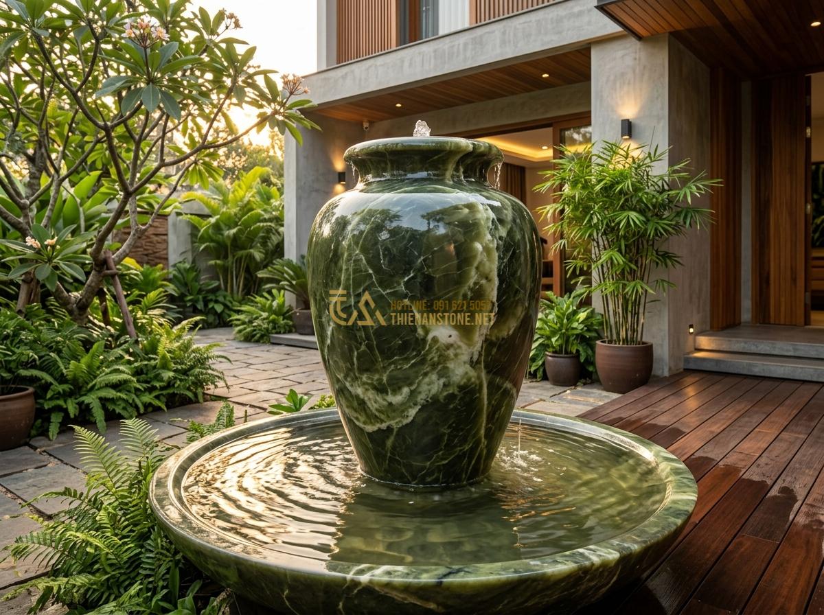 Ang Nước Phong Thủy Hợp Mệnh Gia Chủ: Bí Quyết Chọn Đá Tăng Vượng Khí - Hình 4 Ang Nước Phong Thủy Hợp Mệnh Gia Chủ: Bí Quyết Chọn Đá Tăng Vượng Khí - Luxurious granite water urn positioned in an outdoor patio with soft lighting an
