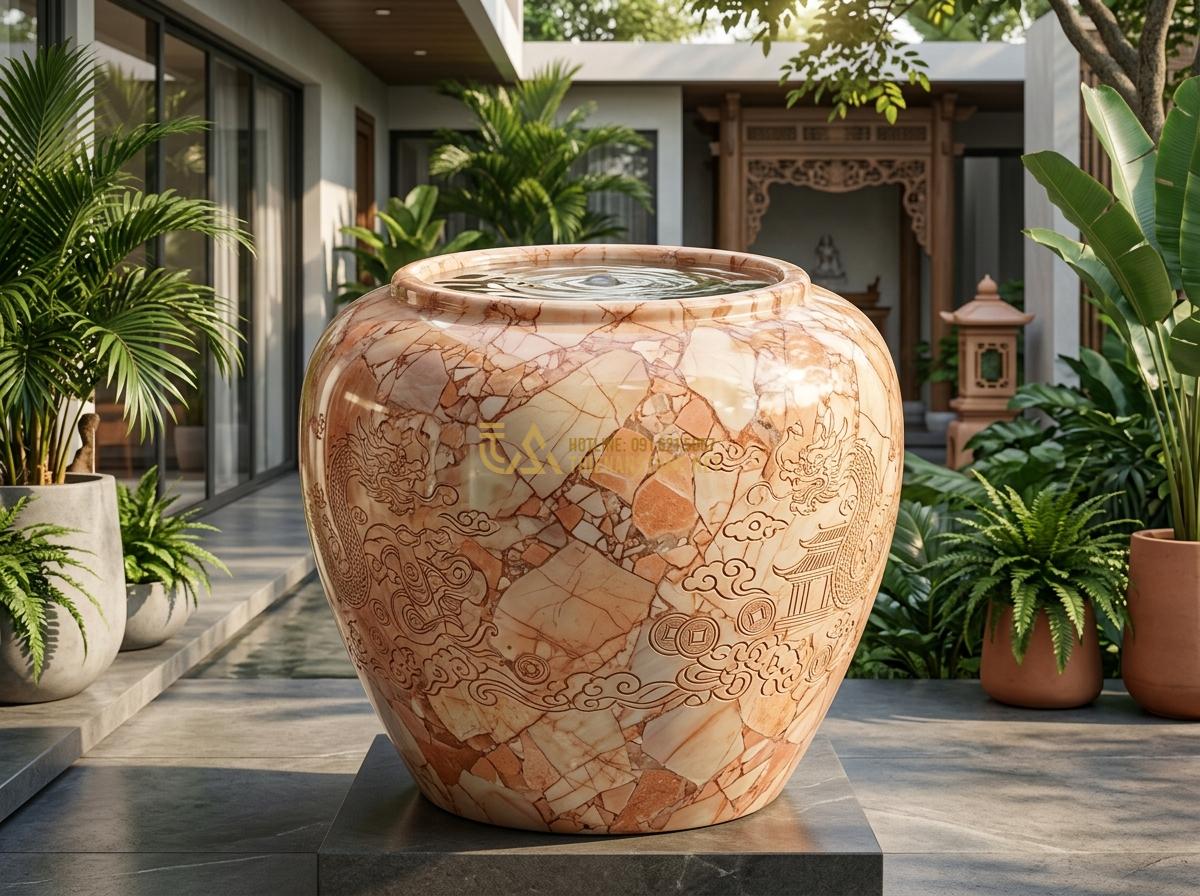 Ang Nước Phong Thủy Hợp Mệnh Gia Chủ: Bí Quyết Chọn Đá Tăng Vượng Khí - Hình 6 Ang Nước Phong Thủy Hợp Mệnh Gia Chủ: Bí Quyết Chọn Đá Tăng Vượng Khí - Detailed shot of shiny metallic-toned stone water jar with engraved patterns, en