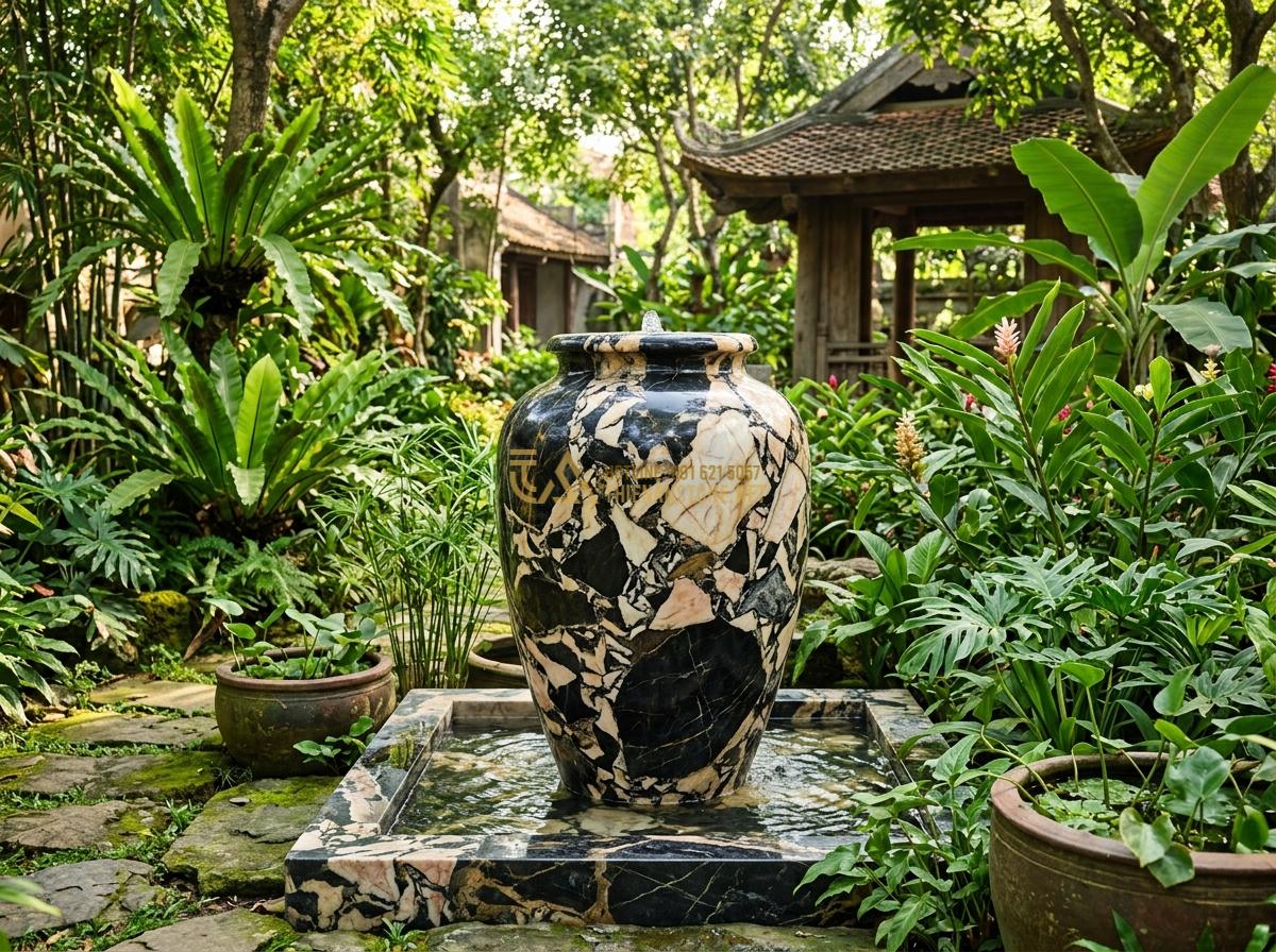 Ang Nước Phong Thủy Hợp Mệnh Gia Chủ: Bí Quyết Chọn Đá Tăng Vượng Khí - Hình 7 Ang Nước Phong Thủy Hợp Mệnh Gia Chủ: Bí Quyết Chọn Đá Tăng Vượng Khí - Vibrant green marble stone water feature urn surrounded by lush foliage in a fen