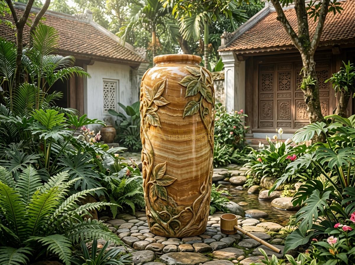Ang Nước Phong Thủy Hợp Mệnh Gia Chủ: Bí Quyết Chọn Đá Tăng Vượng Khí - Hình 8 Ang Nước Phong Thủy Hợp Mệnh Gia Chủ: Bí Quyết Chọn Đá Tăng Vượng Khí - Tall slender stone water jar with green hues and natural leaf carvings, ideal fo