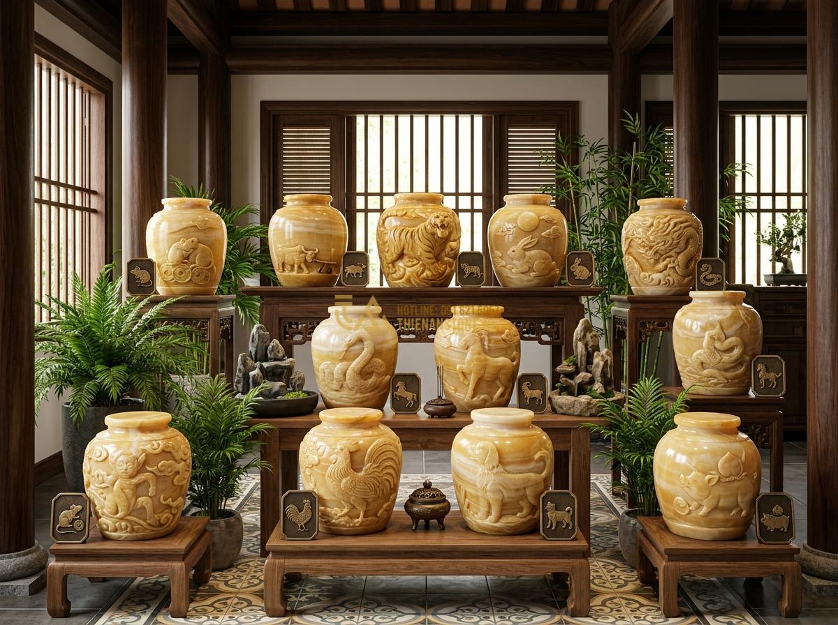 Ang Nước Phong Thủy Hợp Mệnh Gia Chủ: Bí Quyết Chọn Đá Tăng Vượng Khí - Hình 9 Ang Nước Phong Thủy Hợp Mệnh Gia Chủ: Bí Quyết Chọn Đá Tăng Vượng Khí - Collection of various stone water jars tailored to different Chinese zodiac sign
