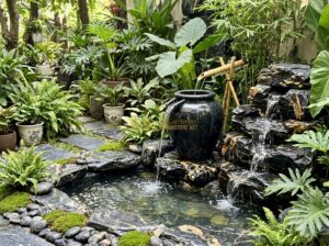 Ang Nước Phong Thủy Kết Hợp Vòi Trúc & Thác Nước: Ý Tưởng Thiết Kế Đẹp - A serene Vietnamese garden scene featuring a natural stone water jar with a trad