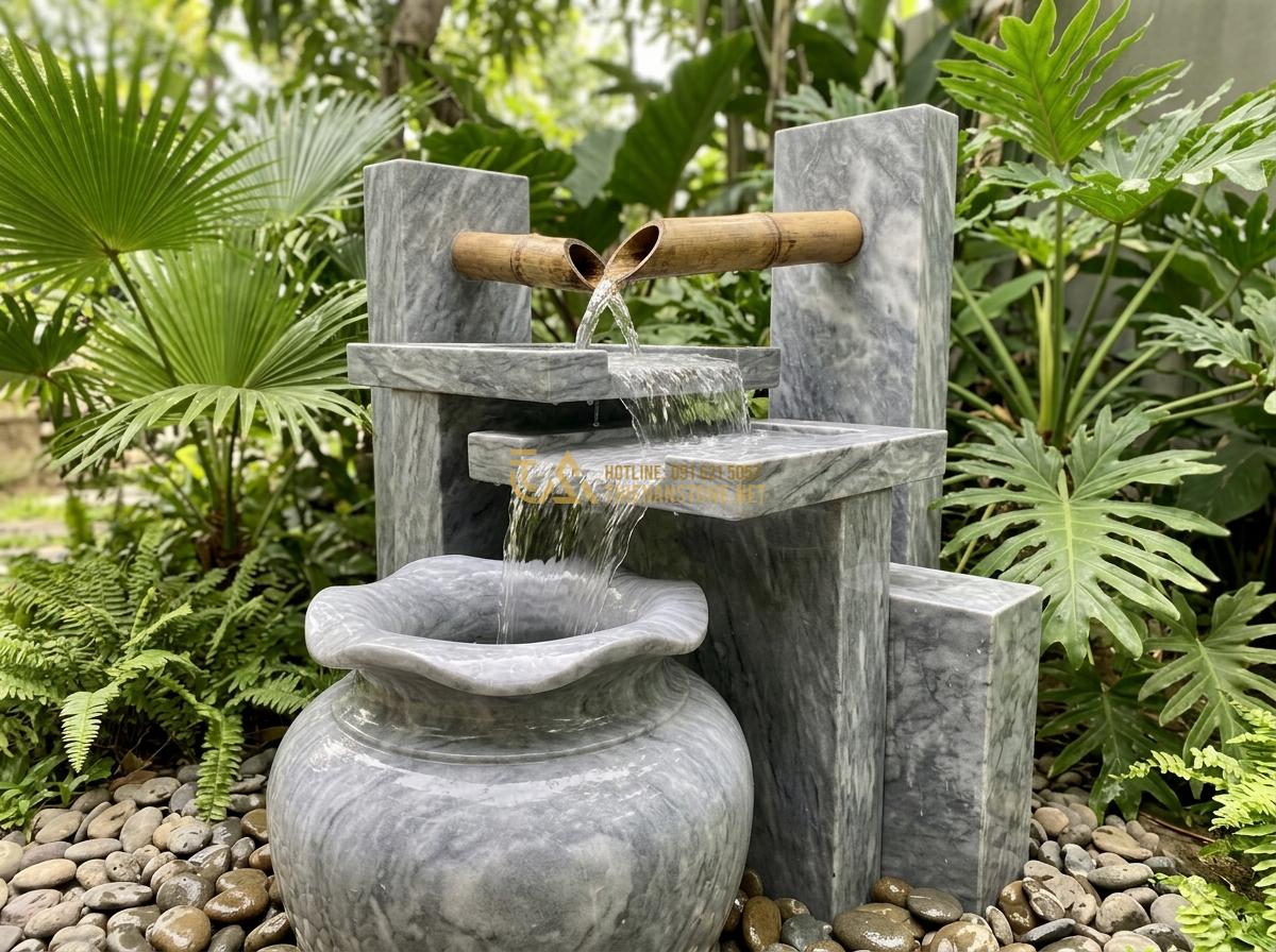 Ang Nước Phong Thủy Kết Hợp Vòi Trúc & Thác Nước: Ý Tưởng Thiết Kế Đẹp - Hình 2 Ang Nước Phong Thủy Kết Hợp Vòi Trúc & Thác Nước: Ý Tưởng Thiết Kế Đẹp - Close-up view of a feng shui water feature with bamboo spout and multi-tiered wa