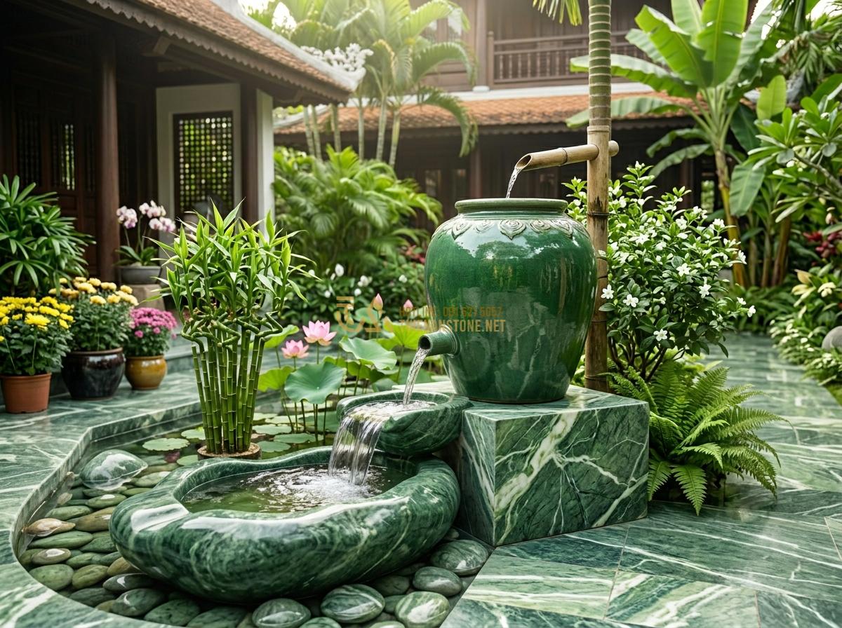 Ang Nước Phong Thủy Kết Hợp Vòi Trúc & Thác Nước: Ý Tưởng Thiết Kế Đẹp - Hình 3 Ang Nước Phong Thủy Kết Hợp Vòi Trúc & Thác Nước: Ý Tưởng Thiết Kế Đẹp - Detailed feng shui water jar placed according to Bagua directions in a luxurious