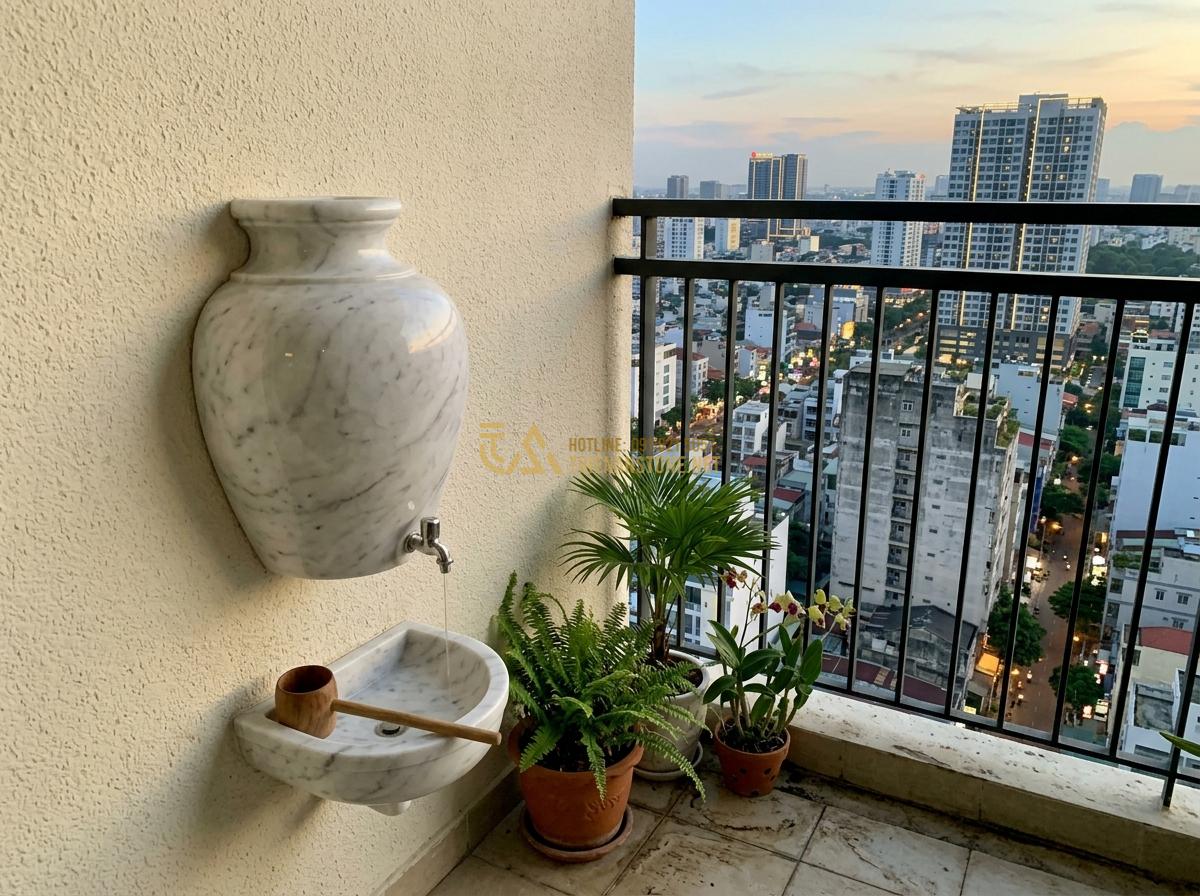 Ang Nước Tiểu Cảnh Bằng Đá Đẹp: Mẫu Thiết Kế Sân Vườn, Ban Công Và Ý Tưởng 2026 - Hình 12 Ang Nước Tiểu Cảnh Bằng Đá Đẹp: Mẫu Thiết Kế Sân Vườn, Ban Công Và Ý Tưởng 2026 - Wall-mounted stone water jar on modern apartment balcony with city view backgrou
