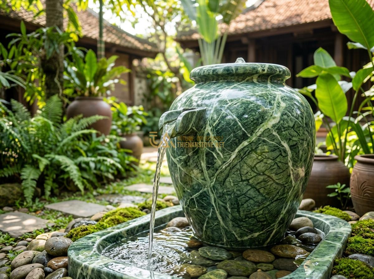 Ang Nước Tiểu Cảnh Bằng Đá Đẹp: Mẫu Thiết Kế Sân Vườn, Ban Công Và Ý Tưởng 2026 - Hình 2 Ang Nước Tiểu Cảnh Bằng Đá Đẹp: Mẫu Thiết Kế Sân Vườn, Ban Công Và Ý Tưởng 2026 - Close-up view of handcrafted stone water jar fountain with crystal clear water f