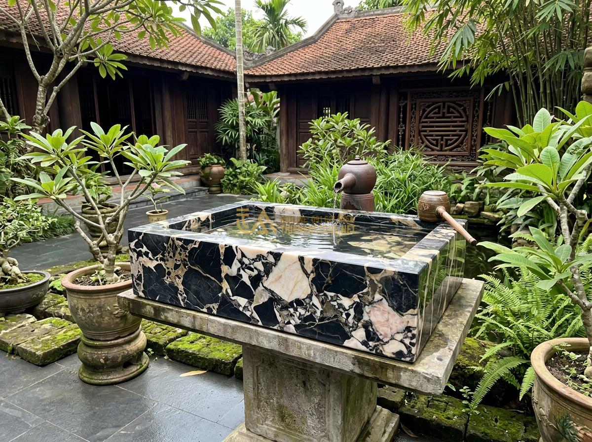 Ang Nước Tiểu Cảnh Bằng Đá Đẹp: Mẫu Thiết Kế Sân Vườn, Ban Công Và Ý Tưởng 2026 - Hình 20 Ang Nước Tiểu Cảnh Bằng Đá Đẹp: Mẫu Thiết Kế Sân Vườn, Ban Công Và Ý Tưởng 2026 - Long-term well-maintained stone water basin showing no signs of wear after years