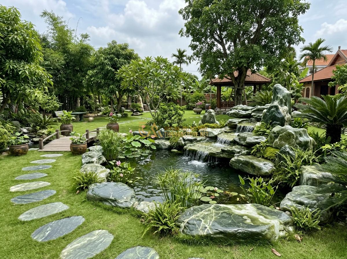Ang Nước Tiểu Cảnh Bằng Đá Đẹp: Mẫu Thiết Kế Sân Vườn, Ban Công Và Ý Tưởng 2026 - Hình 3 Ang Nước Tiểu Cảnh Bằng Đá Đẹp: Mẫu Thiết Kế Sân Vườn, Ban Công Và Ý Tưởng 2026 - Spacious backyard garden with large stone water feature creating peaceful atmosp