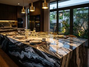 Bàn Ăn Bằng Đá Granite (Hoa Cương): Sự Lựa Chọn Vĩnh Cửu Cho Bếp Việt - Tạo ảnh tiếng Anh: A high-end luxury kitchen featuring a large dining table made