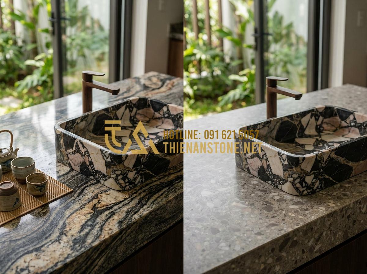 Bàn Ăn Bằng Đá Granite (Hoa Cương): Sự Lựa Chọn Vĩnh Cửu Cho Bếp Việt - Hình 4 Bàn Ăn Bằng Đá Granite (Hoa Cương): Sự Lựa Chọn Vĩnh Cửu Cho Bếp Việt - Tạo ảnh tiếng Anh: A comparison split-screen image showing a natural granite sur