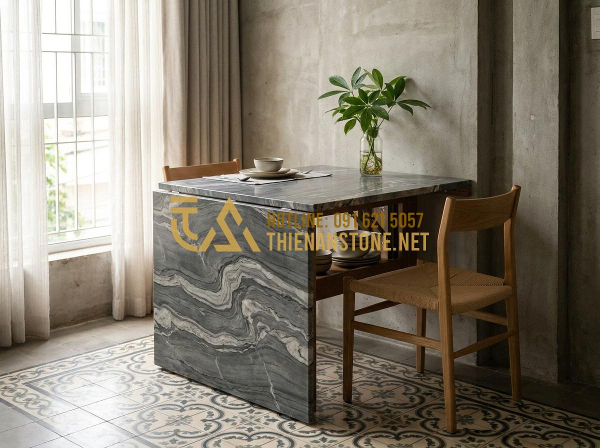 Bàn Ăn Bằng Đá Thông Minh: Giải Pháp Không Gian Hiện Đại & Đa Năng - Tạo ảnh tiếng Anh: A stylish, space-saving foldable dining table with a natural