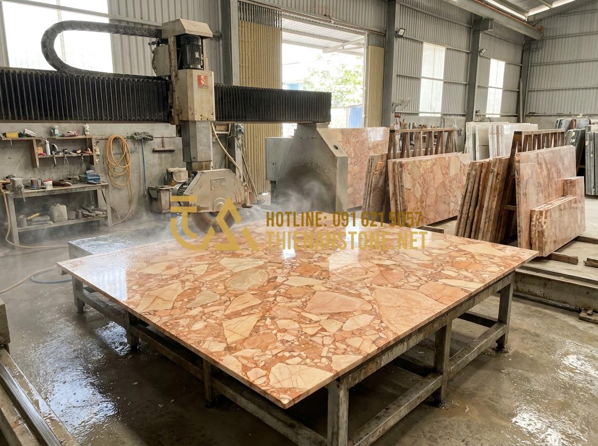 Bàn Ăn Bằng Đá Thông Minh: Giải Pháp Không Gian Hiện Đại & Đa Năng - Tạo ảnh tiếng Anh: Inside a professional stone workshop in Vietnam. A skilled ar