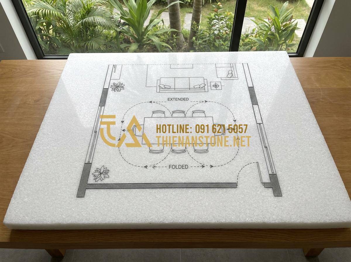 Bàn Ăn Bằng Đá Thông Minh: Giải Pháp Không Gian Hiện Đại & Đa Năng - Tạo ảnh tiếng Anh: Architectural floor plan showing the placement of a smart din