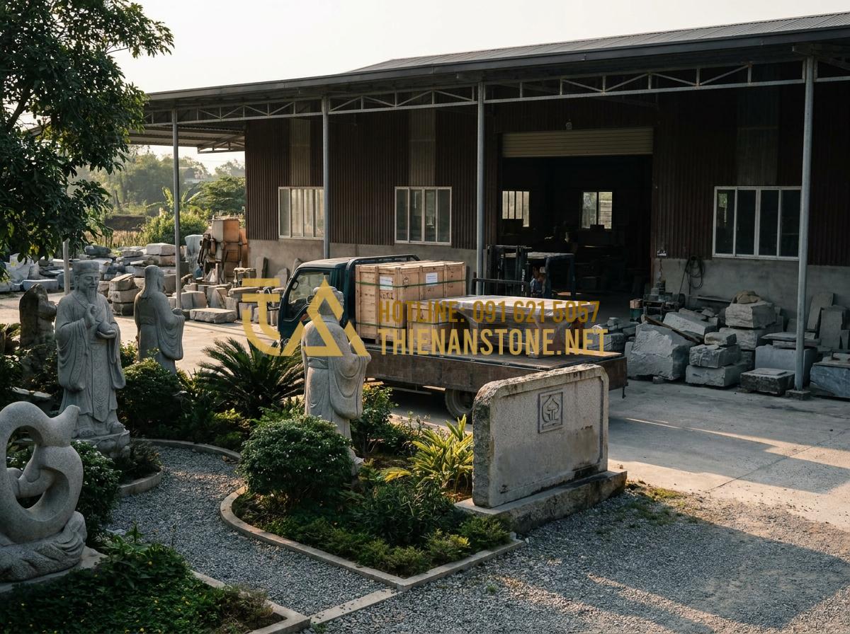 Bàn Ăn Bằng Đá Thông Minh: Giải Pháp Không Gian Hiện Đại & Đa Năng - Tạo ảnh tiếng Anh: The exterior of Xưởng Đá Mỹ Nghệ Thiên An in Phú Thọ, Vietnam