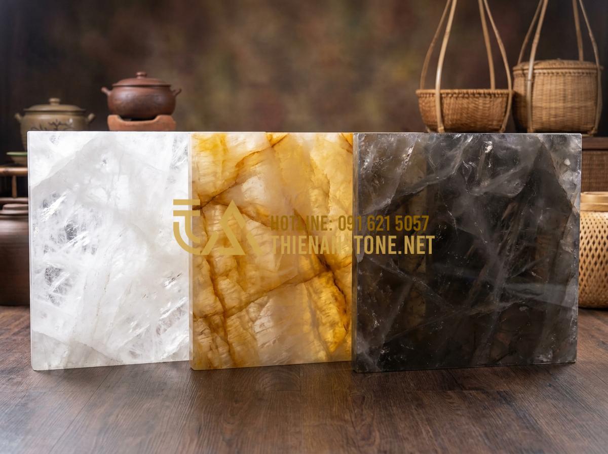 Bàn Ăn Bằng Đá Tự Nhiên Nguyên Khối: Kiệt Tác Nghệ Thuật Từ Thiên Nhiên - Hình 7 Bàn Ăn Bằng Đá Tự Nhiên Nguyên Khối: Kiệt Tác Nghệ Thuật Từ Thiên Nhiên - Tạo ảnh tiếng Anh: A collection of three different natural quartz dining table s