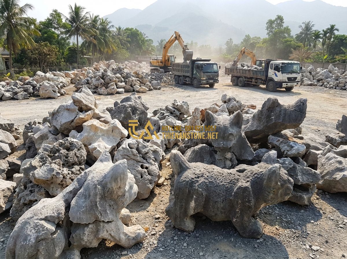 Bán Đá Tai Mèo Giá Rẻ – Bảng Giá Đá Tai Mèo Mới Nhất & Nơi Mua Uy Tín 2024 - Hình 3 Bán Đá Tai Mèo Giá Rẻ – Bảng Giá Đá Tai Mèo Mới Nhất & Nơi Mua Uy Tín 2024 - Tạo ảnh tiếng Anh: A large stock of cat ear stones in different sizes piled up i