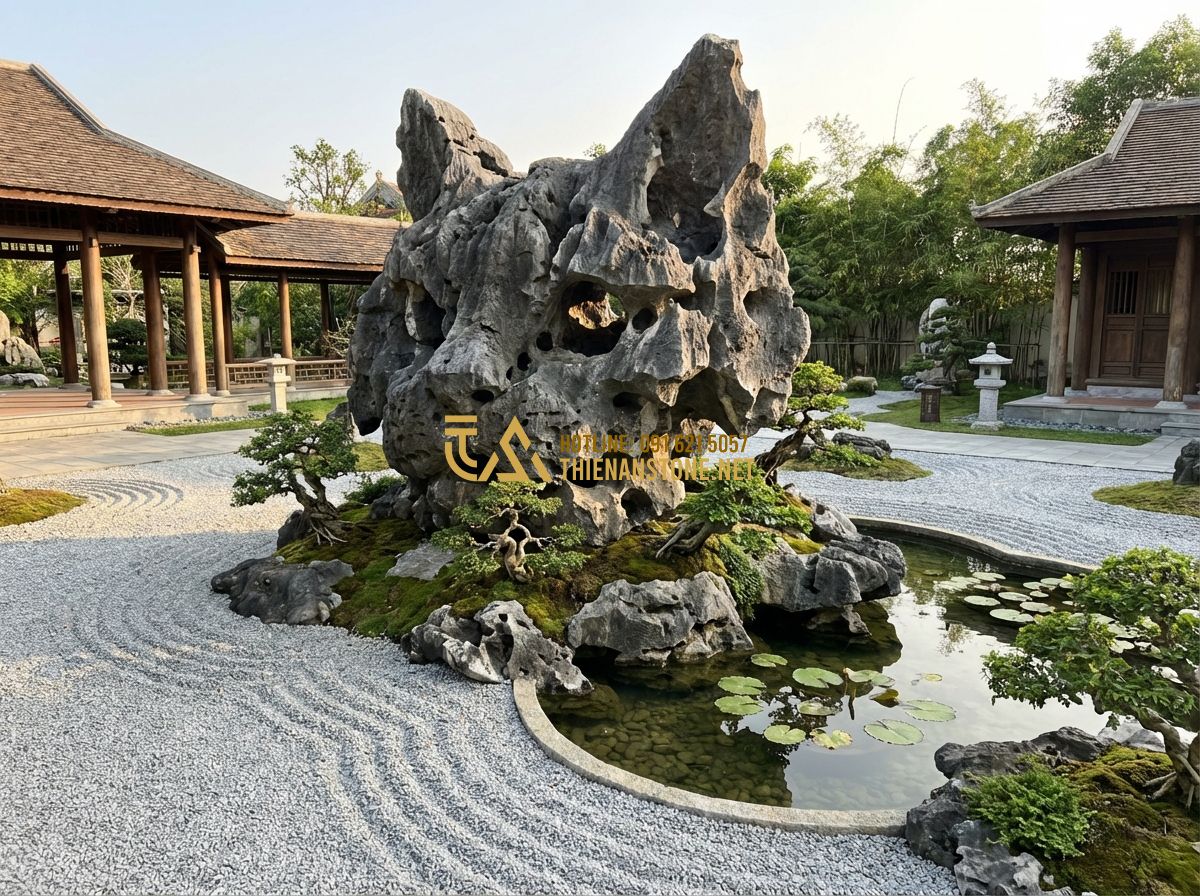 Bán Đá Tai Mèo Giá Rẻ – Bảng Giá Đá Tai Mèo Mới Nhất & Nơi Mua Uy Tín 2024 - Hình 4 Bán Đá Tai Mèo Giá Rẻ – Bảng Giá Đá Tai Mèo Mới Nhất & Nơi Mua Uy Tín 2024 - Tạo ảnh tiếng Anh: A massive cat ear stone standing as a centerpiece in a tradit