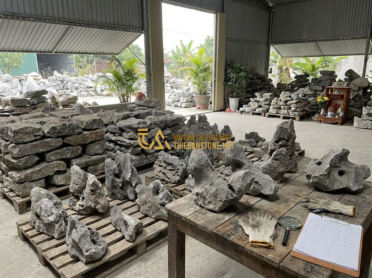 Bán Đá Tai Mèo Giá Rẻ – Bảng Giá Đá Tai Mèo Mới Nhất & Nơi Mua Uy Tín 2024 - Hình 5 Bán Đá Tai Mèo Giá Rẻ – Bảng Giá Đá Tai Mèo Mới Nhất & Nơi Mua Uy Tín 2024 - Tạo ảnh tiếng Anh: A professional stone consultant showing a customer different