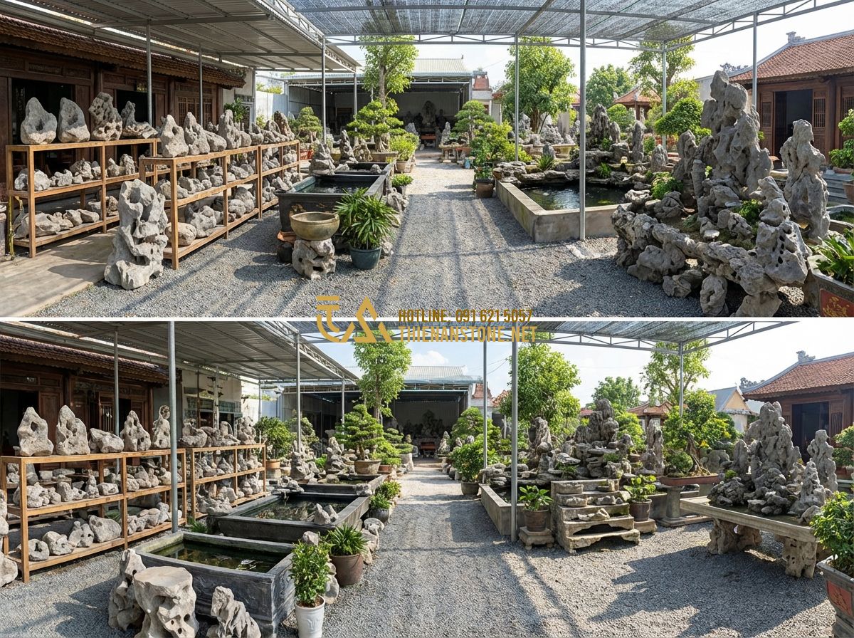 Bán Đá Tai Mèo Giá Rẻ – Bảng Giá Đá Tai Mèo Mới Nhất & Nơi Mua Uy Tín 2024 - Hình 6 Bán Đá Tai Mèo Giá Rẻ – Bảng Giá Đá Tai Mèo Mới Nhất & Nơi Mua Uy Tín 2024 - Tạo ảnh tiếng Anh: A panoramic view of Thien An Stone workshop, showing various