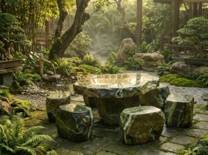 Bàn Ghế Đá Phong Thủy Tự Nhiên Nguyên Khối - Mang Lại Tài Lộc Cho Gia Chủ - Create a professional image: A serene Zen garden scene featuring a large, majest