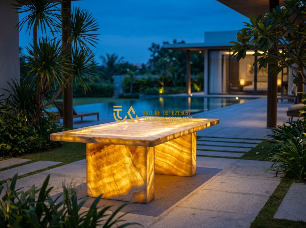 Bàn Ghế Đá Phong Thủy Tự Nhiên Nguyên Khối - Mang Lại Tài Lộc Cho Gia Chủ - Hình 3 Bàn Ghế Đá Phong Thủy Tự Nhiên Nguyên Khối - Mang Lại Tài Lộc Cho Gia Chủ - Create a cinematic architectural shot: A modern luxury villa's courtyard at twil
