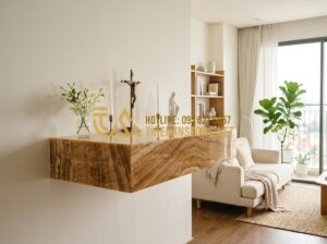Bàn Thờ Chúa Treo Tường Hiện Đại: Giải Pháp Cho Căn Hộ Chung Cư Và Nhà Nhỏ - Tạo ảnh tiếng Anh: A modern minimalist Catholic wall-mounted altar made of high-