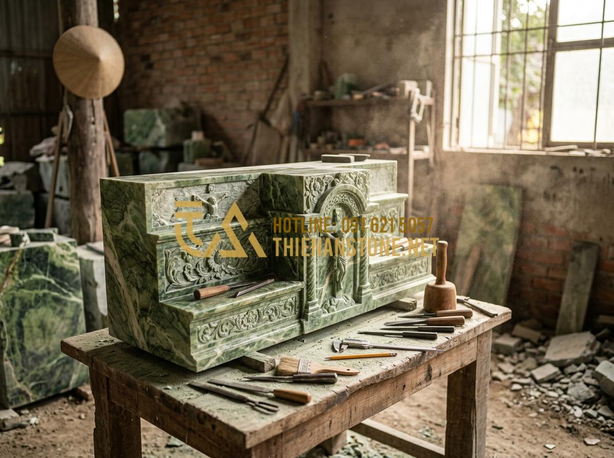 Bàn Thờ Chúa Treo Tường Hiện Đại: Giải Pháp Cho Căn Hộ Chung Cư Và Nhà Nhỏ - Hình 3 Bàn Thờ Chúa Treo Tường Hiện Đại: Giải Pháp Cho Căn Hộ Chung Cư Và Nhà Nhỏ - Tạo ảnh tiếng Anh: Professional craftsman at a stone workshop using precise tool