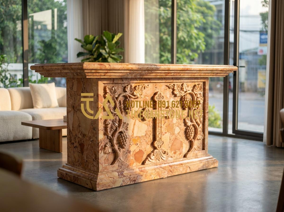 Bàn Thờ Đá Công Giáo: Tuyệt Tác Tâm Linh & Top 30+ Mẫu Đỉnh Cao 2026 - Tạo ảnh tiếng Anh: A majestic Catholic altar made of pure white natural stone lo
