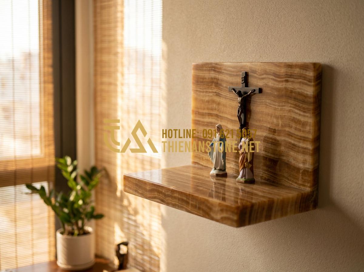 Bàn Thờ Đá Công Giáo: Tuyệt Tác Tâm Linh & Top 30+ Mẫu Đỉnh Cao 2026 - Tạo ảnh tiếng Anh: A beautiful wall-mounted Catholic altar made of natural stone