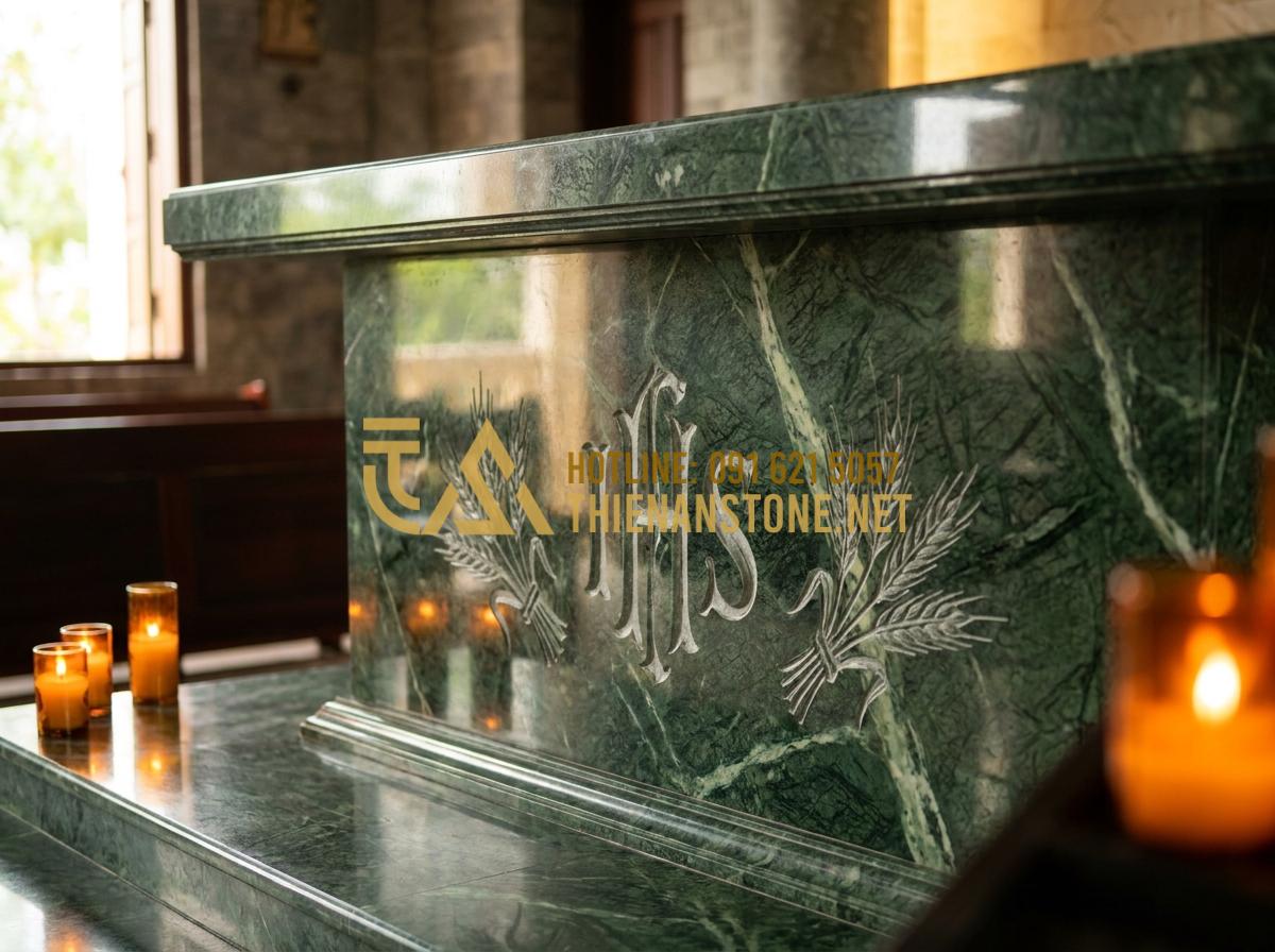 Bàn Thờ Đá Công Giáo: Tuyệt Tác Tâm Linh & Top 30+ Mẫu Đỉnh Cao 2026 - Tạo ảnh tiếng Anh: Detailed close-up of a finished Catholic stone altar. The sur