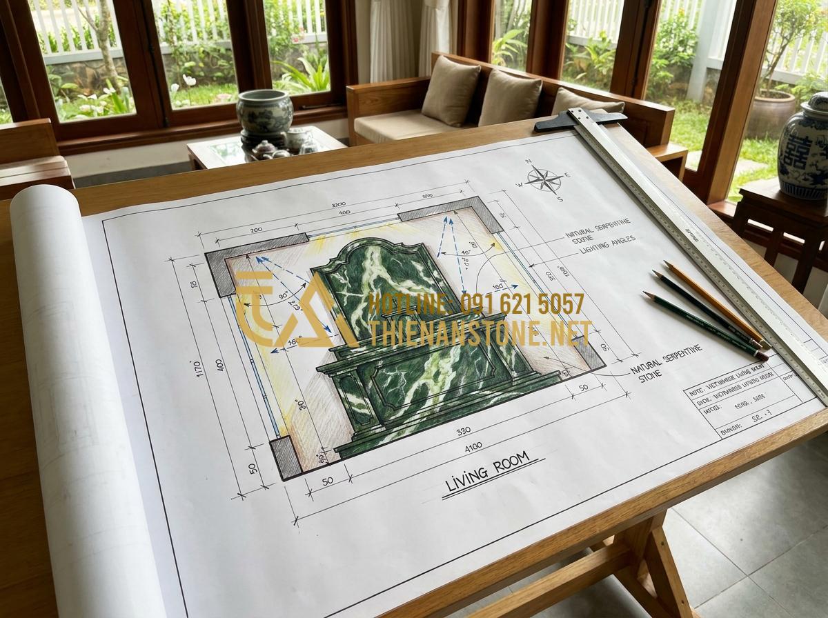 Bàn Thờ Đá Công Giáo: Tuyệt Tác Tâm Linh & Top 30+ Mẫu Đỉnh Cao 2026 - Tạo ảnh tiếng Anh: A professional architectural drawing showing the placement of