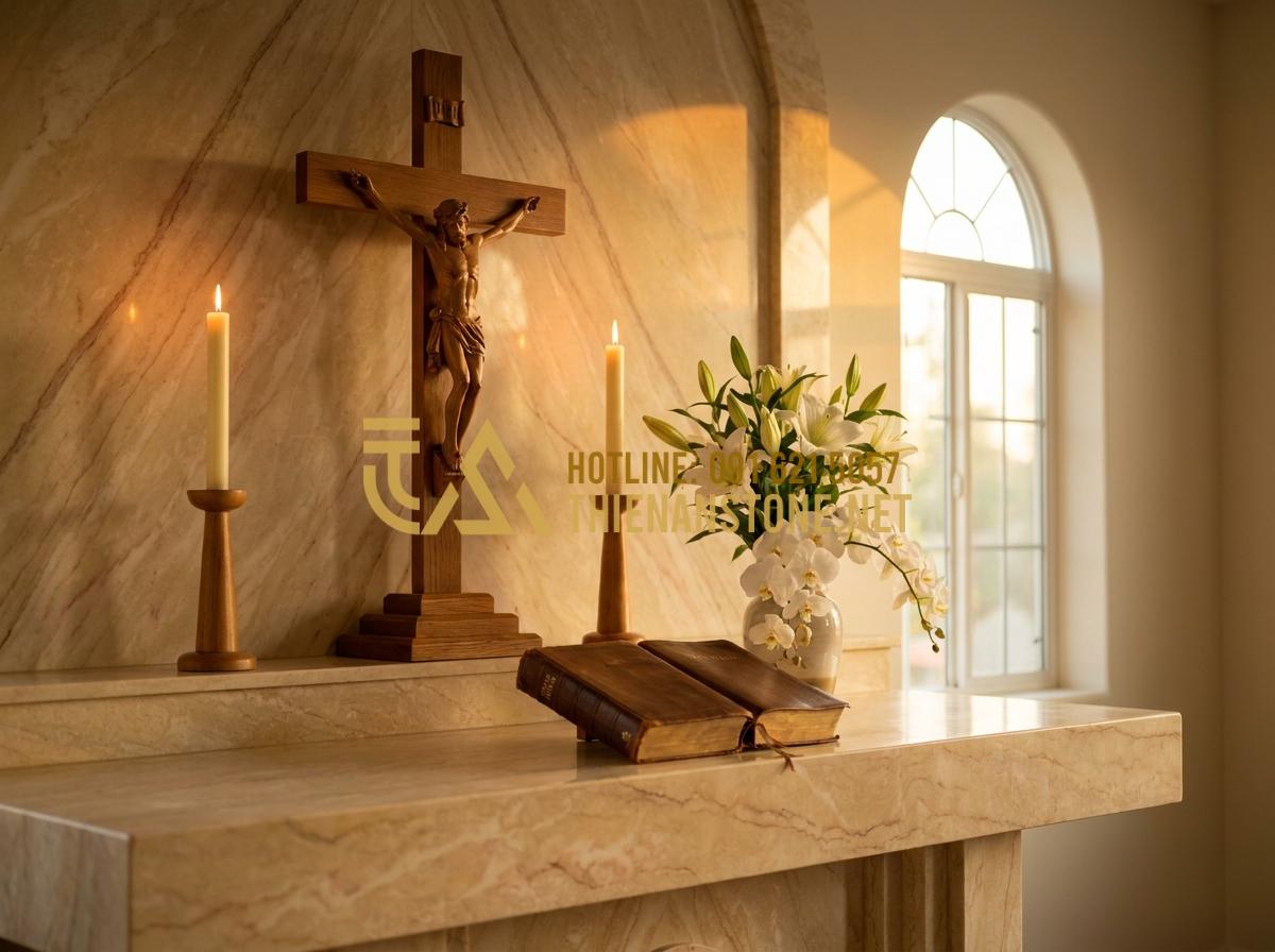 Bàn Thờ Đá Công Giáo: Tuyệt Tác Tâm Linh & Top 30+ Mẫu Đỉnh Cao 2026 - Tạo ảnh tiếng Anh: A perfectly arranged Catholic stone altar for a prayer servic