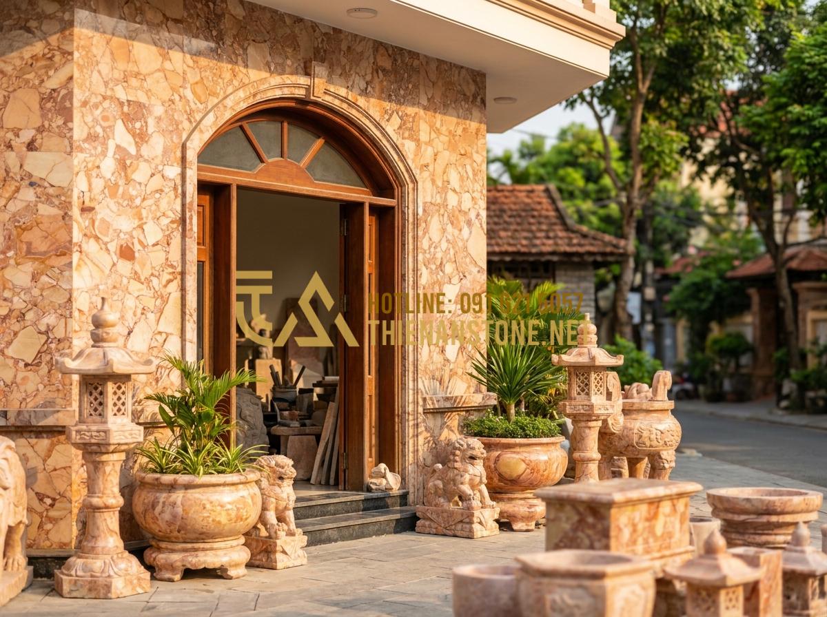 Bàn Thờ Đá Công Giáo: Tuyệt Tác Tâm Linh & Top 30+ Mẫu Đỉnh Cao 2026 - Tạo ảnh tiếng Anh: The storefront and logo of "Xưởng Đá Mỹ Nghệ Thiên An" with b