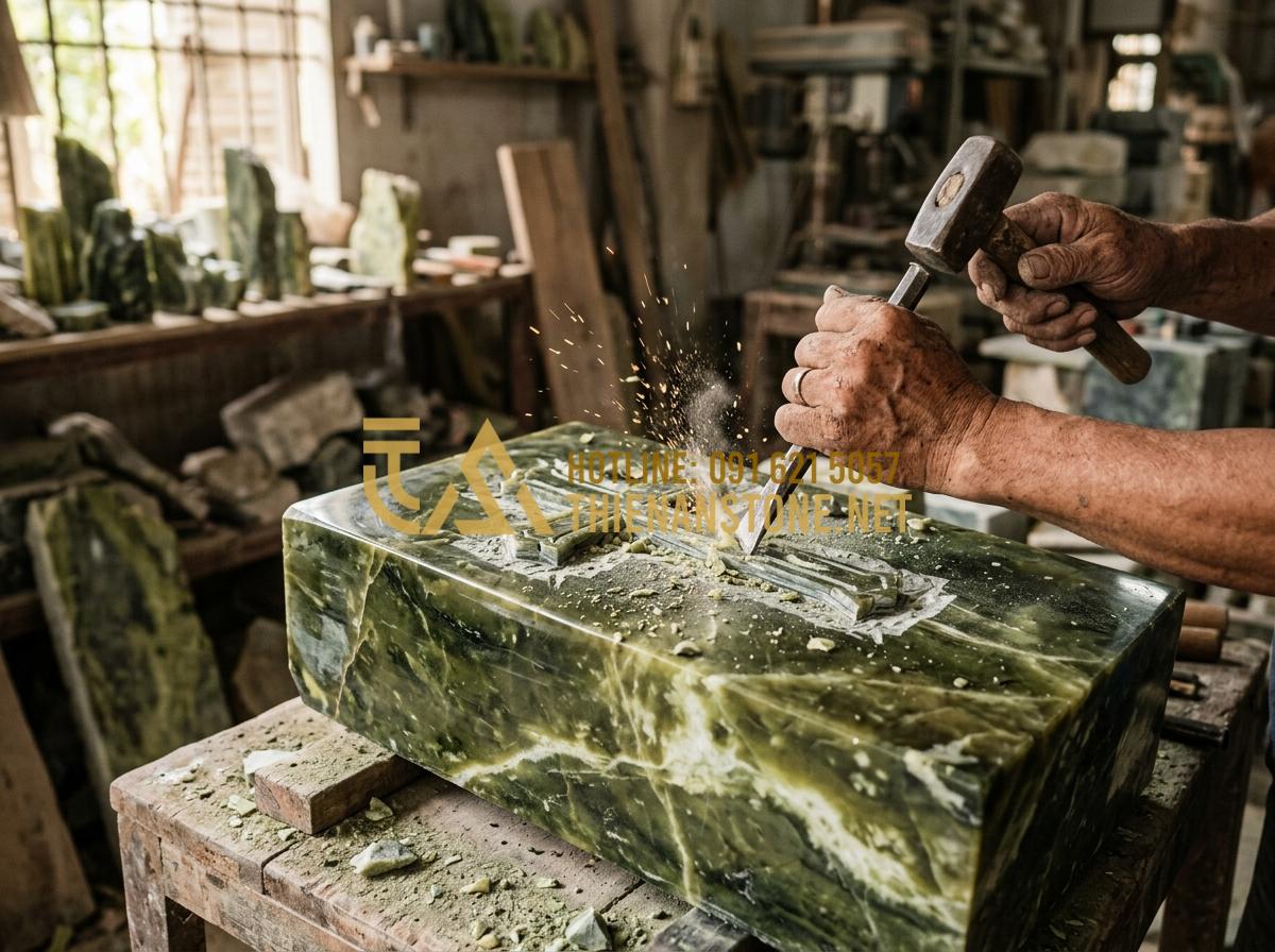 Bàn Thờ Đá Công Giáo: Xu Hướng Trang Trọng Và Trường Tồn Cho Không Gian Thờ Phượng - Tạo ảnh tiếng Anh: Close-up of a skilled artisan's hands carving a cross on a la