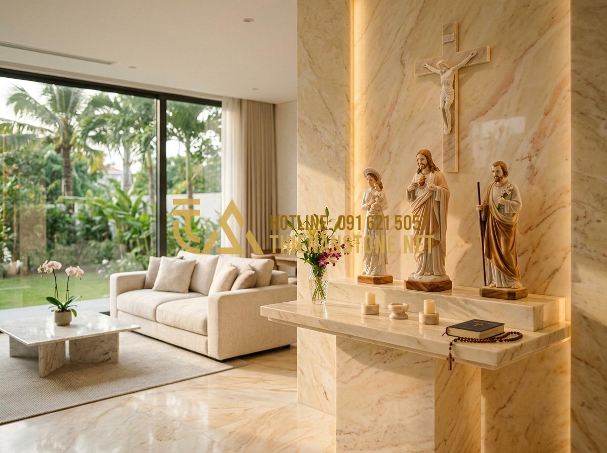 Bàn Thờ Đá Công Giáo: Xu Hướng Trang Trọng Và Trường Tồn Cho Không Gian Thờ Phượng - Tạo ảnh tiếng Anh: A luxury modern living room with a minimalist stone Catholic