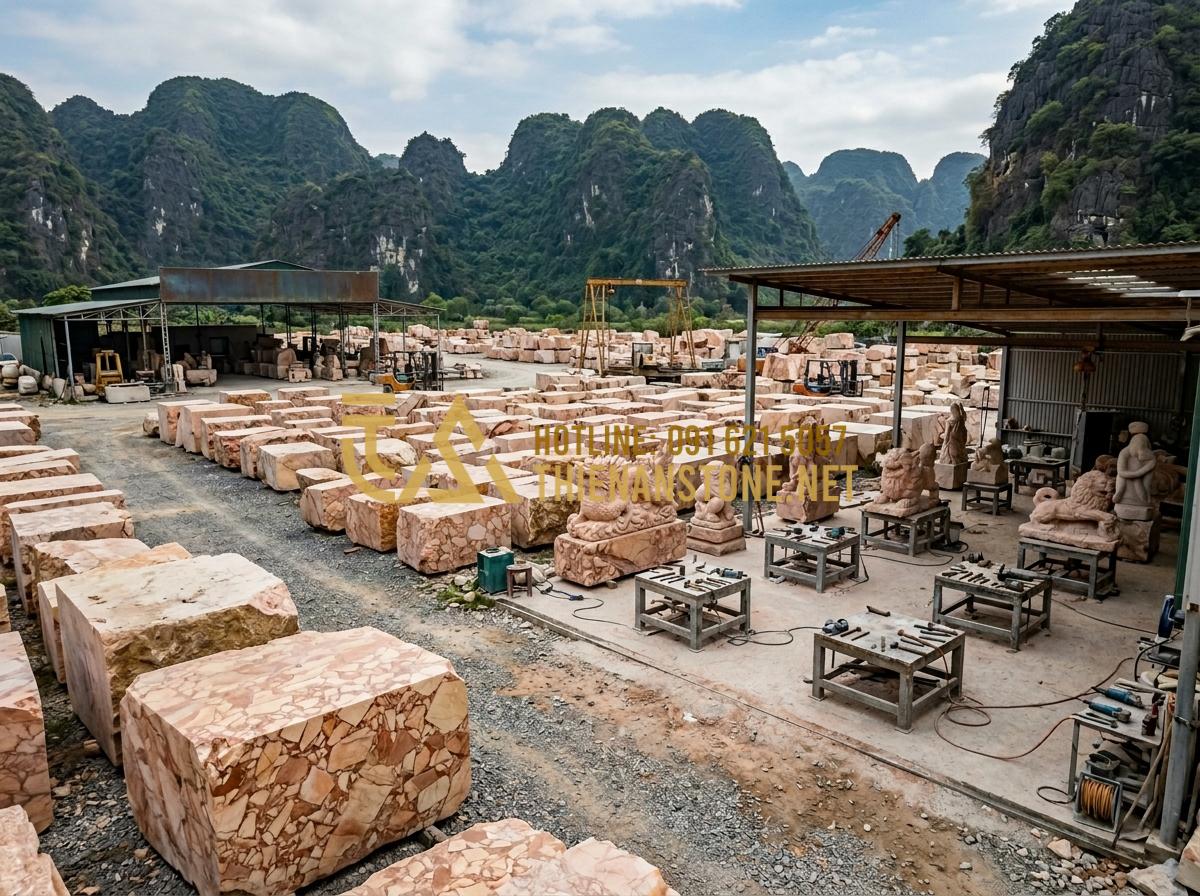 Bàn Thờ Đá Công Giáo: Xu Hướng Trang Trọng Và Trường Tồn Cho Không Gian Thờ Phượng - Tạo ảnh tiếng Anh: A wide shot of Thien An Stone workshop, many large natural st