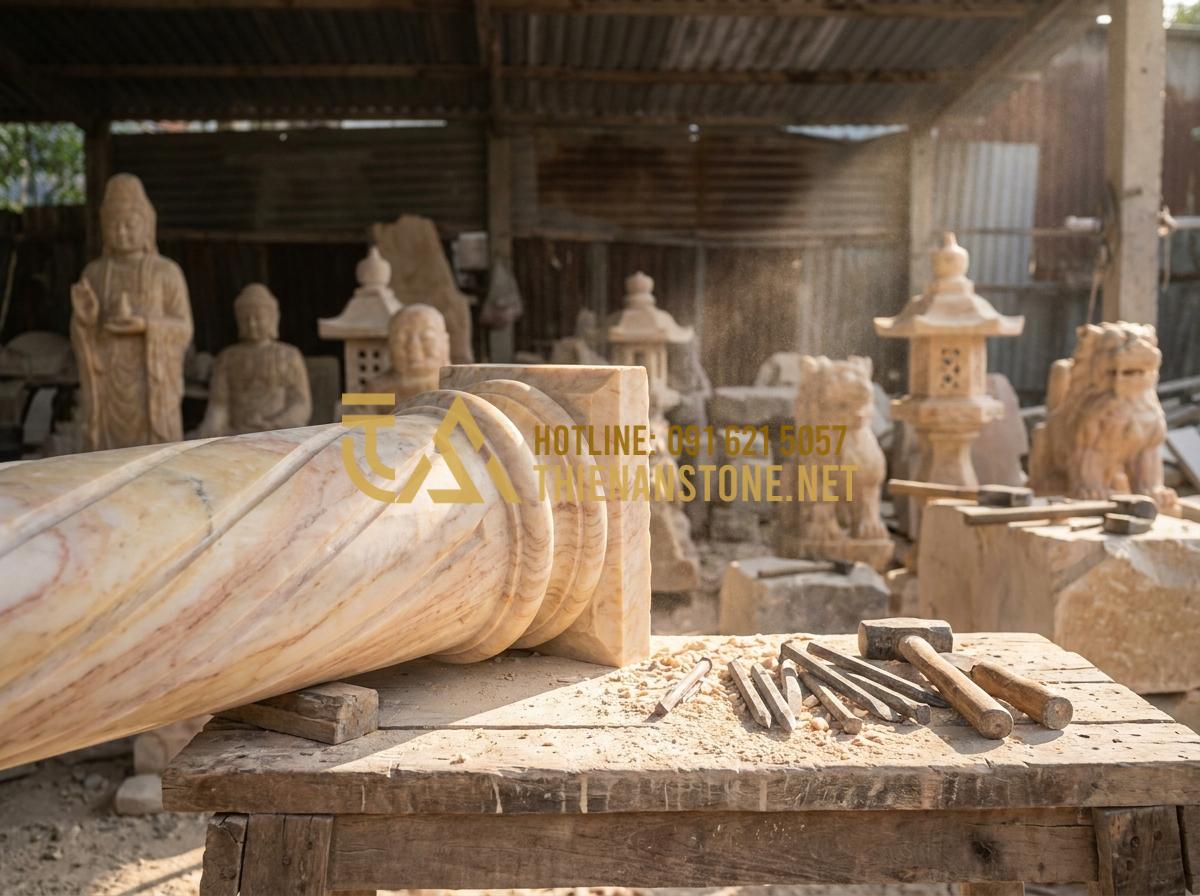 Bàn Thờ Ngoài Trời Thờ Ai? Giải Mã Ý Nghĩa Tâm Linh Và Tên Gọi Chính Xác - Hình 7 Bàn Thờ Ngoài Trời Thờ Ai? Giải Mã Ý Nghĩa Tâm Linh Và Tên Gọi Chính Xác - Tạo ảnh tiếng Anh: An artisan at Thien An Stone workshop carefully carving a sto
