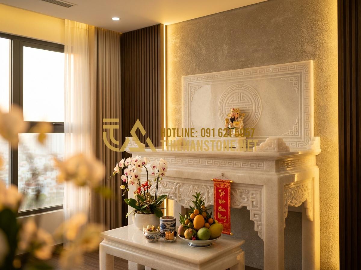 Bàn Thờ Ông Địa Bằng Đá Cẩm Thạch Tự Nhiên: Lựa Chọn Thượng Lưu Cho Gia Chủ - Hình 1 Bàn Thờ Ông Địa Bằng Đá Cẩm Thạch Tự Nhiên: Lựa Chọn Thượng Lưu Cho Gia Chủ - Tạo ảnh tiếng Anh: A majestic natural white marble God of Wealth altar placed in