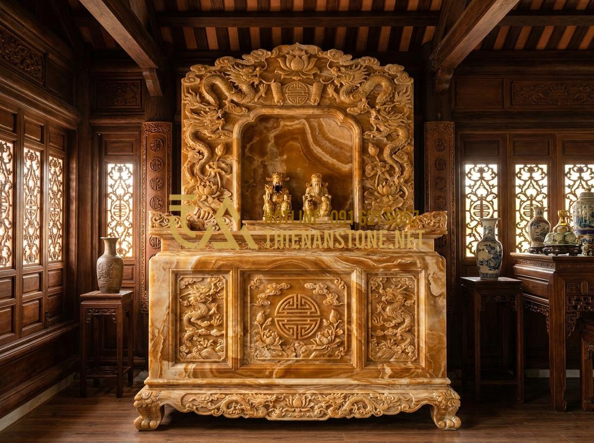 Bàn Thờ Ông Địa Bằng Đá Cẩm Thạch Tự Nhiên: Lựa Chọn Thượng Lưu Cho Gia Chủ - Hình 3 Bàn Thờ Ông Địa Bằng Đá Cẩm Thạch Tự Nhiên: Lựa Chọn Thượng Lưu Cho Gia Chủ - Tạo ảnh tiếng Anh: A magnificent yellow marble God of Wealth altar with golden v