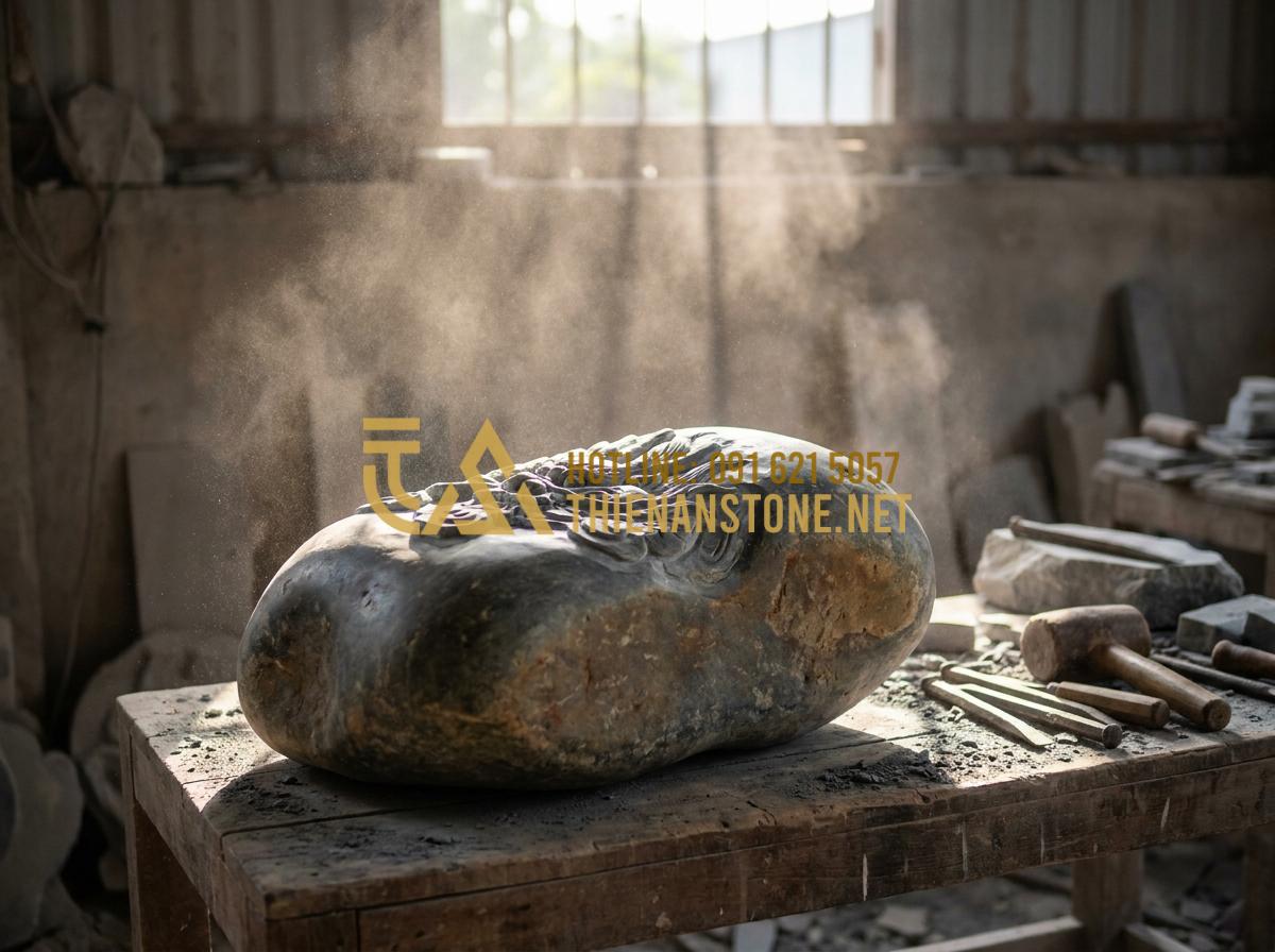 Bàn Thờ Ông Địa Bằng Đá Cẩm Thạch Tự Nhiên: Lựa Chọn Thượng Lưu Cho Gia Chủ - Hình 4 Bàn Thờ Ông Địa Bằng Đá Cẩm Thạch Tự Nhiên: Lựa Chọn Thượng Lưu Cho Gia Chủ - Tạo ảnh tiếng Anh: Skilled Vietnamese stone artisans at Thien An Stone workshop